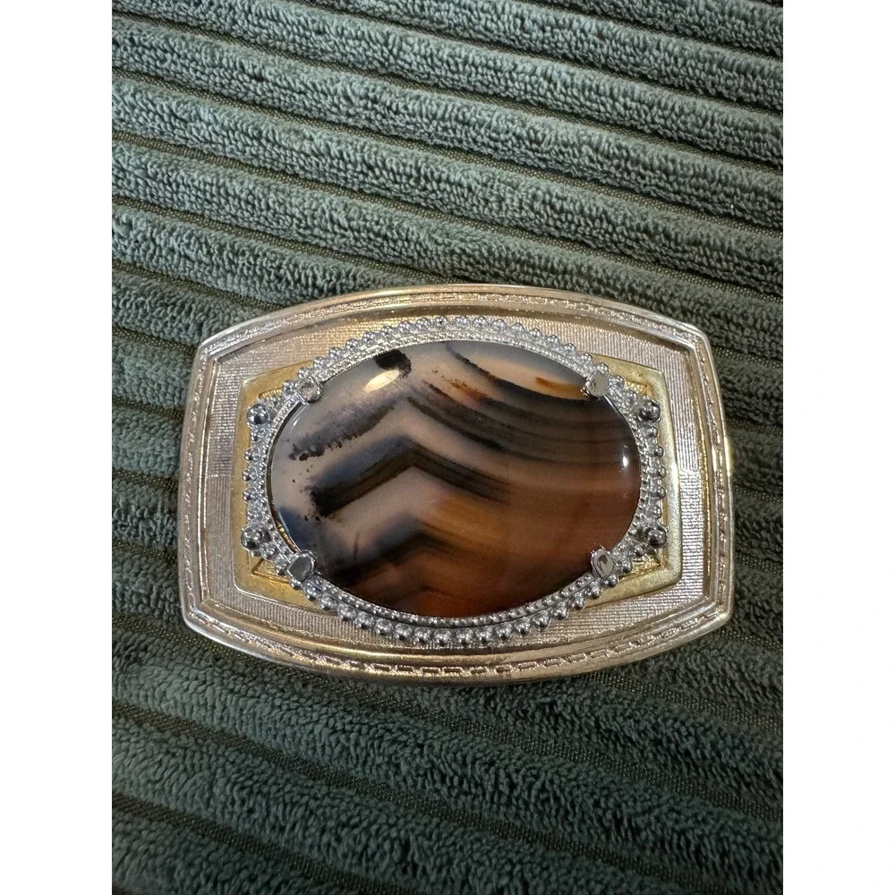 Vintage‎ Agate Stone Belt Buckle Silver Gold Tone Mens Western Accessory